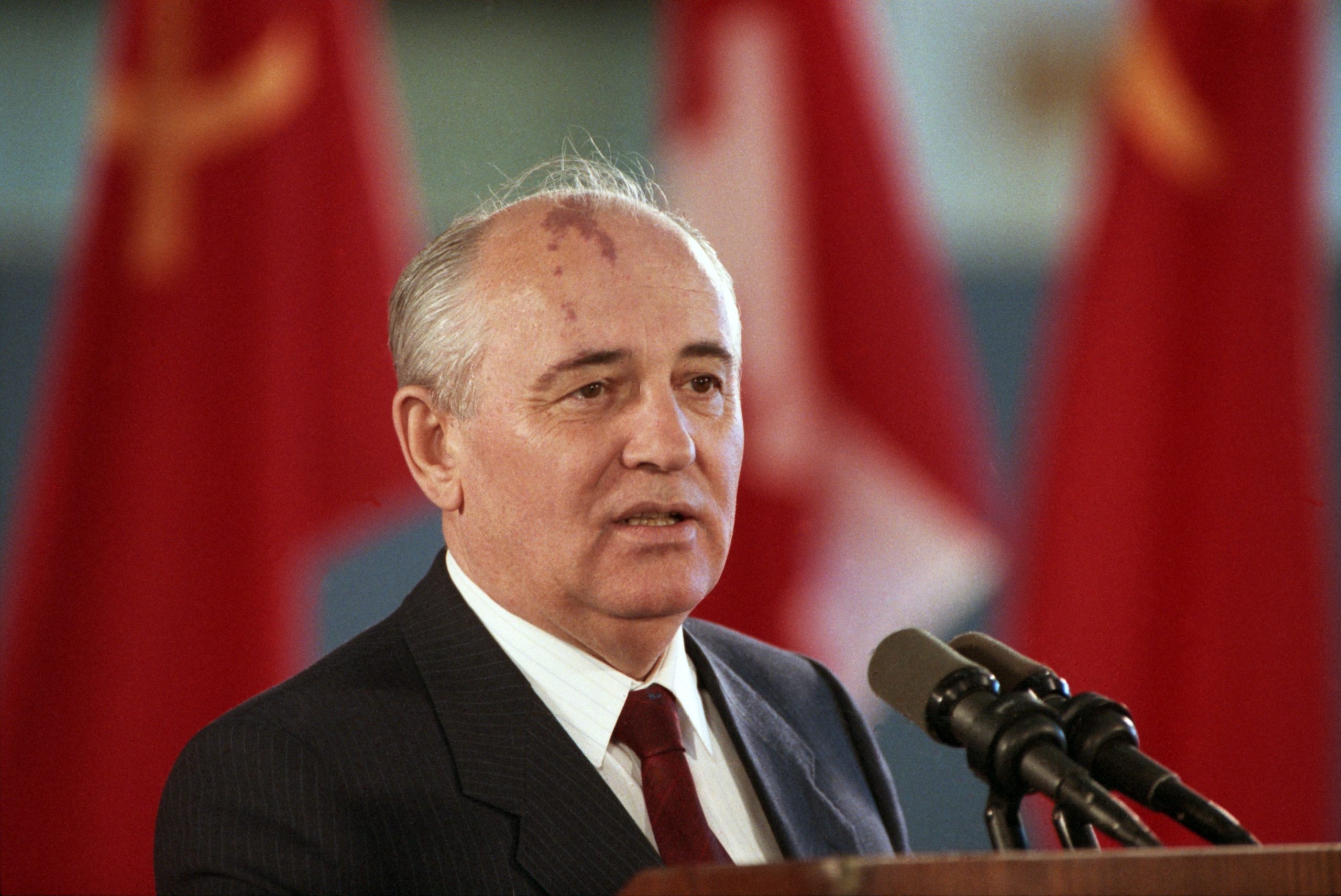 President of the Soviet Union Mikhail Gorbachev giving a speech during his visit to Ottawa, Canada, on 30th May 1990